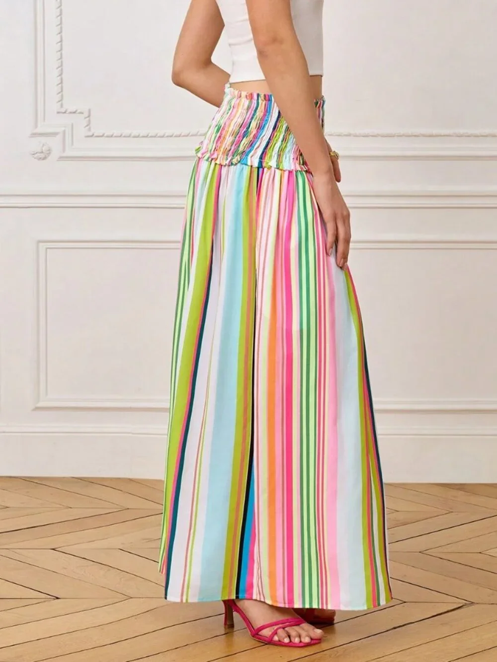 Pink Boho Women's Elegant Casual Colorful Striped Waist Ruched A-Line Skirt